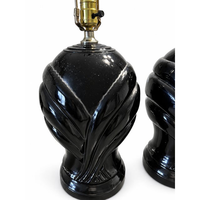 Vintage 1980s Postmodern Black Glazed Ceramic Table Lamps — Pair For Sale - Image 4 of 9