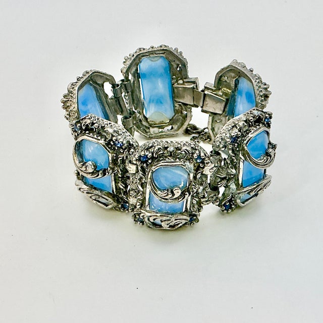 1920s Antique Art Deco Art Nouveau Blue Glass & Silver Tone Clasp Cuff Bracelet, 7” For Sale - Image 13 of 13