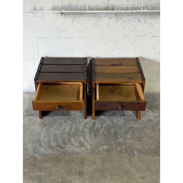 Oak Nightstands Side Tables Set of 2 Rustic Brutalist Vintage Mid-Century Modern 1970s For Sale - Image 10 of 11