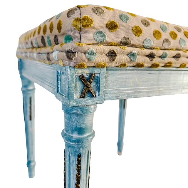 Mid 20th Century French Louis XVI Style Blue Painted Footstools With Brass Accents & Polka Dot Cut Velvet - A Pair For Sale - Image 14 of 18