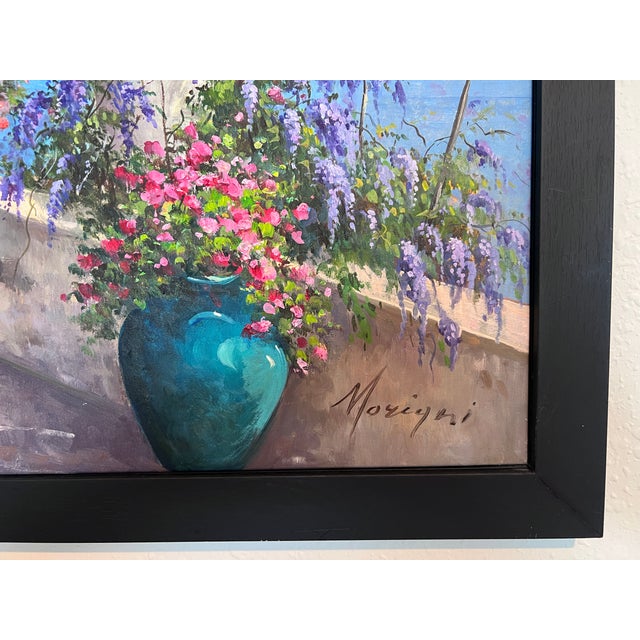 Blue Italian Artist Moriani (20c) Coastal Landscape Oil on Canvas Painting, Framed For Sale - Image 8 of 10