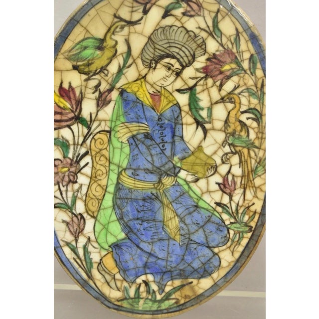 Persian Antique Persian Iznik Qajar Style Ceramic Pottery Oval Tile Blue Figure Birds C3 For Sale - Image 3 of 10