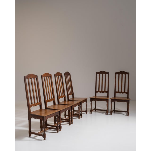 Wood Set of Six Early 20th Century French Chestnut Brown Renaissance Oak Dining Chairs For Sale - Image 7 of 15