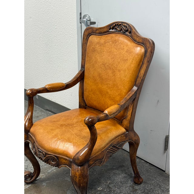 Wood Venetian Leather Bespoke Carved Wood Armchair, Vintage For Sale - Image 7 of 12