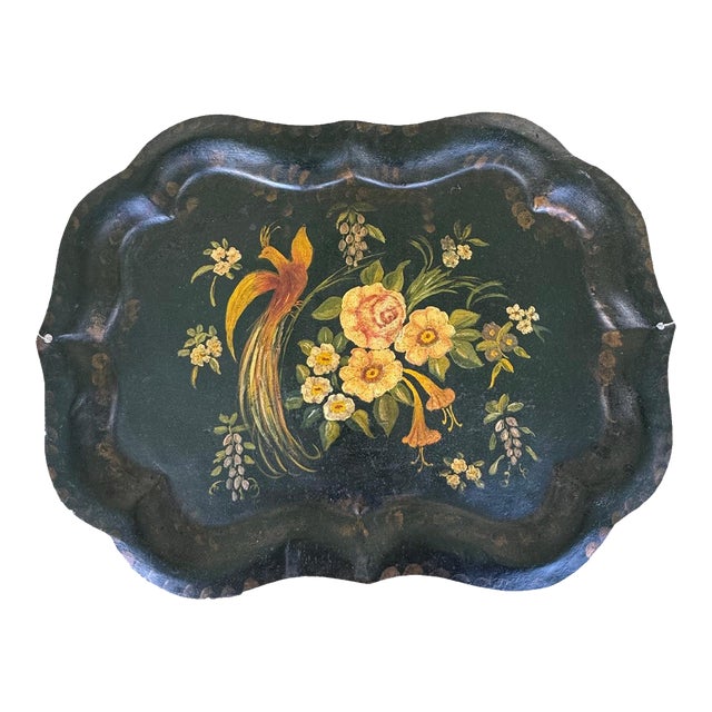 Antique 19th Century Hand-Painted Tole Tray Bird & Floral Motif Estate Find 29”x 21” For Sale