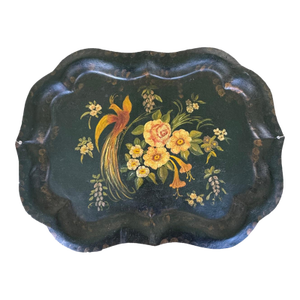 Antique 19th Century Hand-Painted Tole Tray Bird & Floral Motif Estate Find 29”x 21”