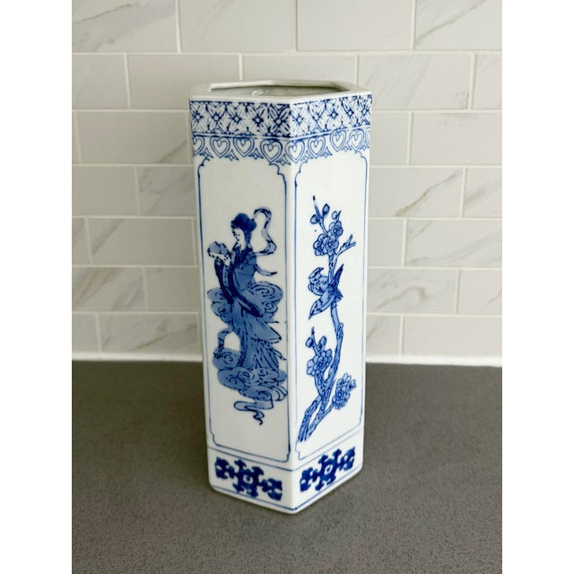 Vintage Chinese Blue & White Porcelain Octagon Vase - 11.25” Tall For Sale - Image 4 of 9