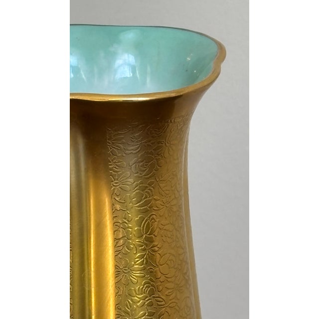 Art Deco Mid-20th Century Pickard China Gold Encrusted Floral Vase W/ Turquoise Interior For Sale - Image 3 of 13