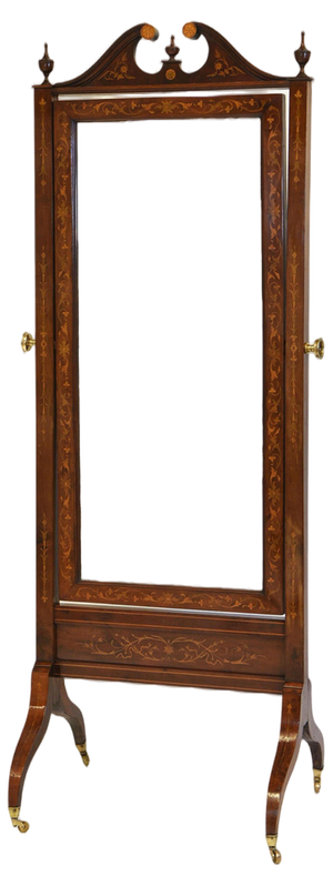 Sheraton Revival Inlaid Cheval Floor Mirror, 1890s