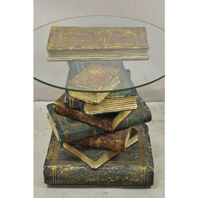 Late 20th Century Late 20th Century Vintage Figural Faux Book Form Stacked Round Glass Top Side Table For Sale - Image 5 of 12