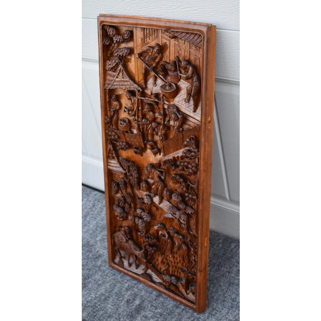 Antique Chinese Hand Carved Wood Relief Wall Panel Plaque Figural Rural Life For Sale - Image 12 of 13