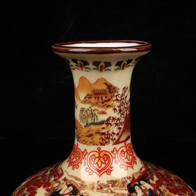 Japanese 1970s Enamel Porcelain Vase, Flat‑Bulb Shaped Vase Hand‑Decorated With Court‑Ladies & Garden Landscape Scenes For Sale - Image 3 of 9