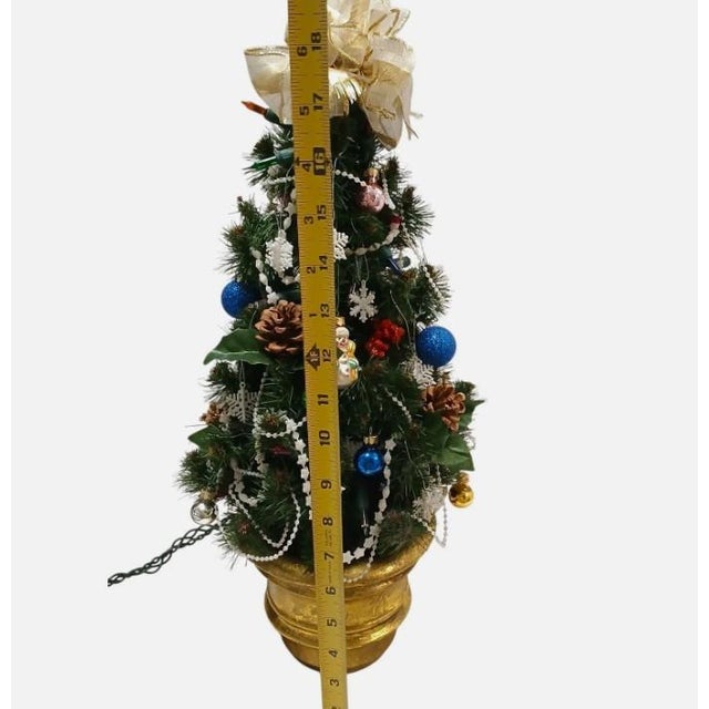 Whimsical Victorian Mini Christmas Tree 19” Tabletop Lights Ornaments Gold Pot For Sale - Image 16 of 17
