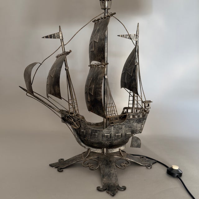 Beige Large Sailing Ship Lamp Sculpture in Wrought Iron, 1950 For Sale - Image 8 of 18