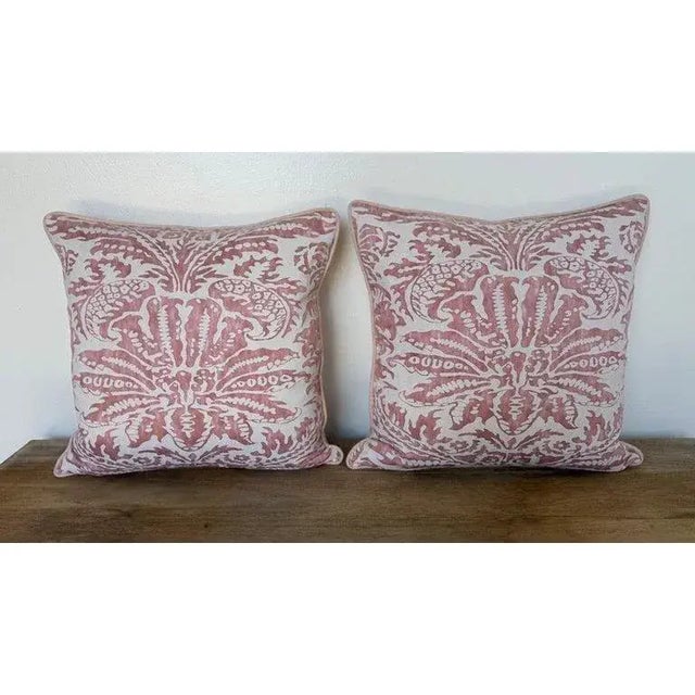 A graceful pair of custom pillows designed by Melissa Levinson, crafted from a Fortuny-like printed textile featuring a...