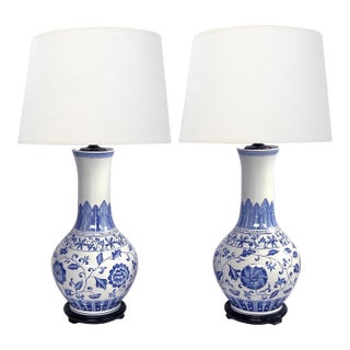 Large Pair Chinese Blue & White Bottle-Form Lamps For Sale