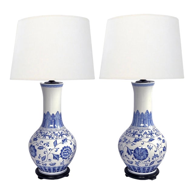 Large Pair Chinese Blue & White Bottle-Form Lamps For Sale