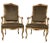 Handsome Pair of Arm Chairs. Original finish is antique off white with gold leaf detail. Beautiful patina. Chocolate Brown...