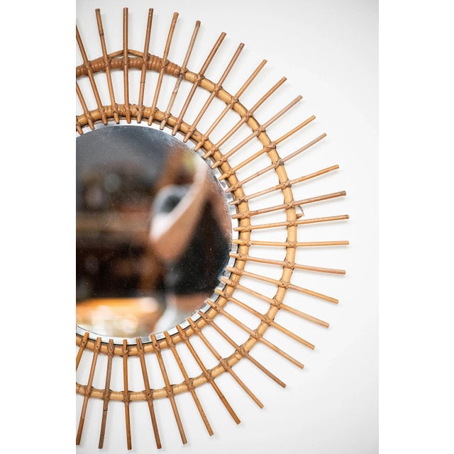 French Mid-Century Sunburst or Starburst Mirror of Bamboo & Rattan (Dia 27 3/8) For Sale - Image 9 of 11