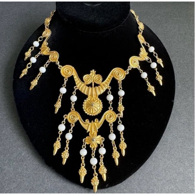 Gold Tone Bib Statement Necklace Waterfall Pendants Etruscan Revival Maximalist Vendome For Sale - Image 11 of 11