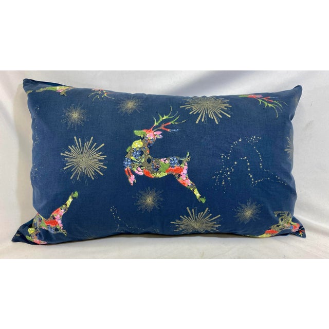 Blue Magical Soaring Multicolored Celestial Reindeer Christmas Pillow With a Sultry Deep Navy Background For Sale - Image 8 of 8