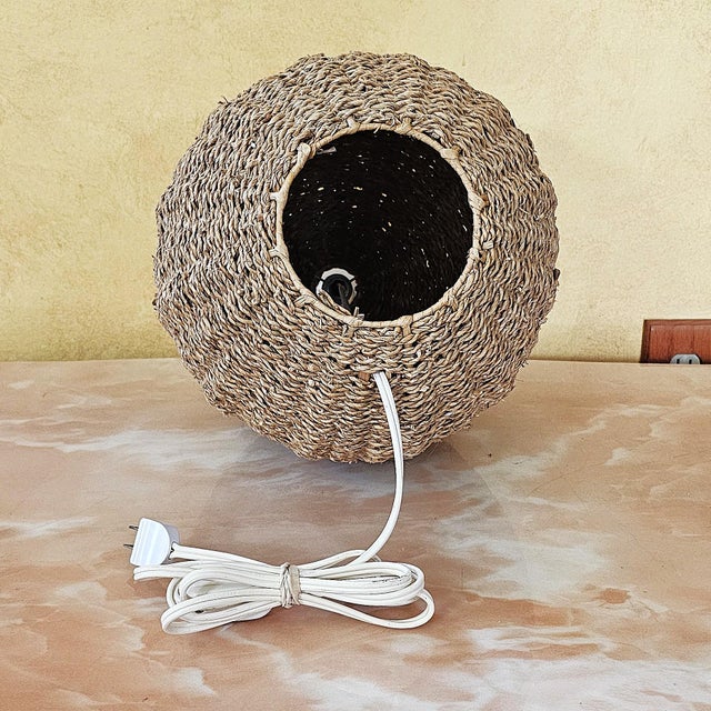 Vintage Ikea Woven Rattan Coastal Boho Table Lamp With White Frosted Glass Shade For Sale - Image 12 of 18