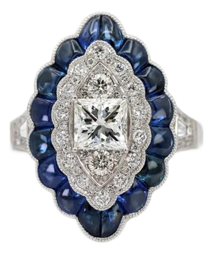 Platinum (950) Natural Diamond and Natural Sapphire Milgrain Ring, Size 6.5