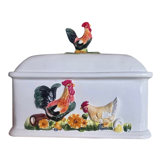 Vintage KMC 3d Hand Painted Rooster Breadbox With Lid For Sale