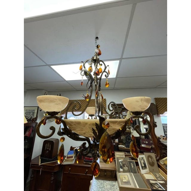 Early 21st Century Vintage Fredrick Ramond Alabaster Glass Lighted Chandelier, Amber Crystal Glass, Six Lights, Metal For Sale - Image 5 of 11