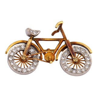 1960s Mid-Century Diamond 14k Yellow Gold Bicycle Brooch For Sale