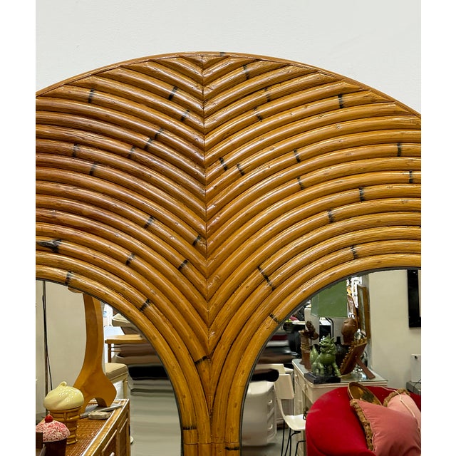 Mid 20th Century Vintage Crespi Style Rattan and Mirror Folding Arch Screen, 3 Panels For Sale - Image 5 of 7