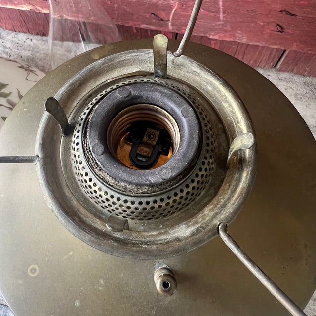 Vintage Brass Electric Lamp With Floral Glass Shade For Sale - Image 4 of 14