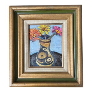 Contemporary Original Alexandra Brown Modernist Still Life Oil Painting With Israeli Wedding Vase Vintage Frame For Sale