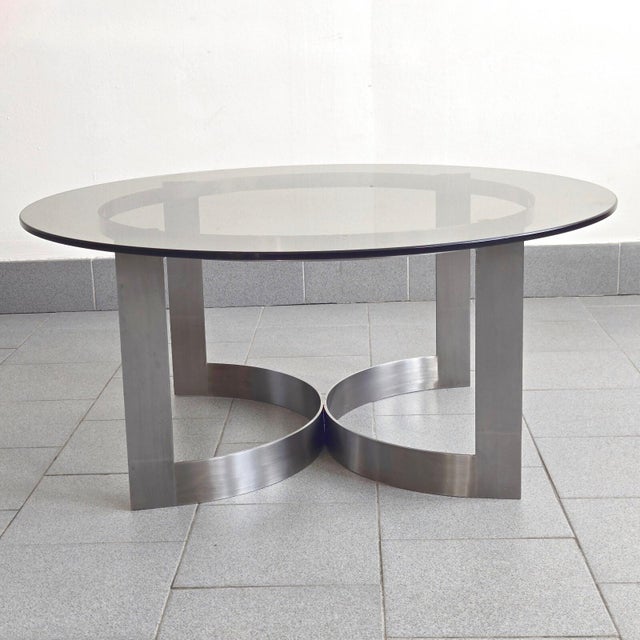 Vintage Coffee Table in Brushed Steel and Smoked Glass, 1970s For Sale - Image 14 of 14