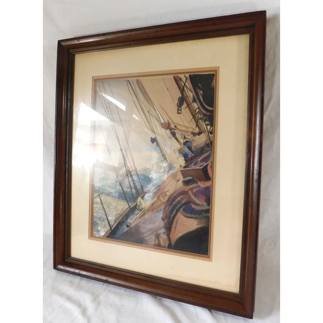 Paint Vintage Original Signed Nautical Seascape Sailboat Watercolor Framed Hanging Wall Art Picture For Sale - Image 7 of 14