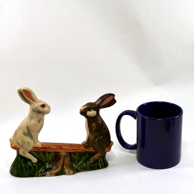 1993 Vintage Vaillancourt Sculptural Folk Art Chalkware Hand Painted Teetor Totter Rabbits Figurine For Sale - Image 10 of 10