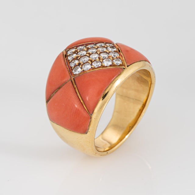 Stylish vintage coral & diamond cigar ring (circa 1980s) crafted in 18 karat yellow gold. Diamonds total an estimated 0.40...