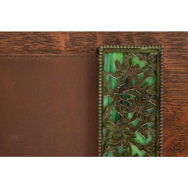 Metal Apollo Studios New York Arts & Crafts Grapevine Pattern Bronze and Slag Glass Blotter Ends With Leather Desk Blotter For Sale - Image 7 of 15