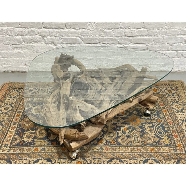 Mid Century Modern Driftwood + Glass Coffee Table | Organic Modern Cocktail Table Castors For Sale - Image 9 of 14