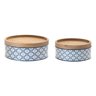 Metal Patterned Canister with Natural Wood Lid (Set of 2) For Sale