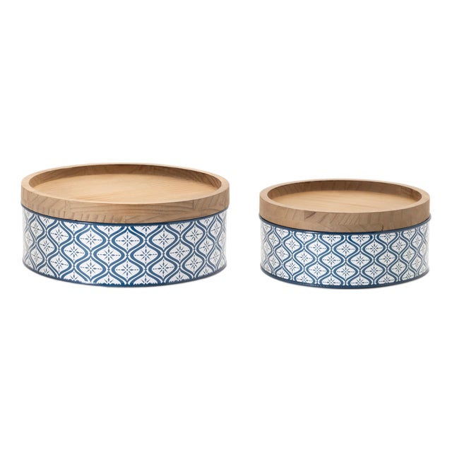 Metal Patterned Canister with Natural Wood Lid (Set of 2) For Sale