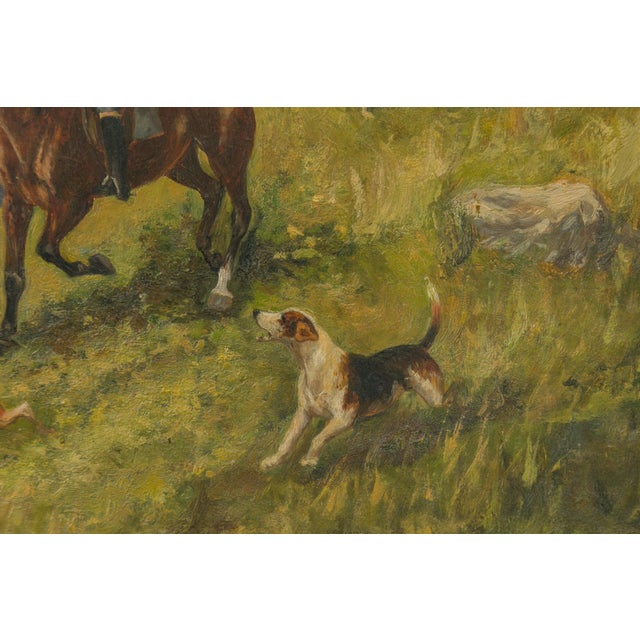 An English oil on board painting from the late 19th century depicting a hunting scene and set in antique frame. Created in...
