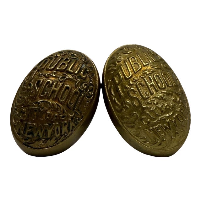 Antique Brass Nyc Public School City of New York Oval Doorknobs - A Pair For Sale