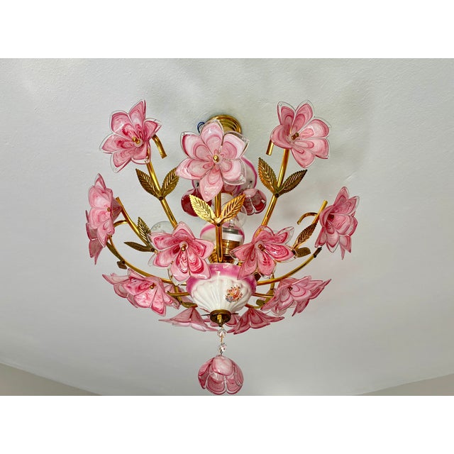 1980s Italian Pink Murano Style Glass Floral Chandelier – Hand-Painted Porcelain & Brass Ceiling Light For Sale - Image 15 of 18