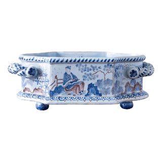 Chinoiserie Faience Jardiniere with Twisted Handles from Nevers, 19th Century For Sale