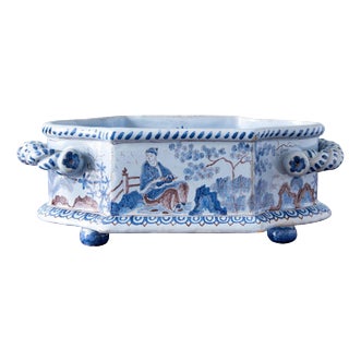 Chinoiserie Faience Jardiniere with Twisted Handles from Nevers, 19th Century For Sale