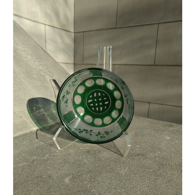 Contemporary 1980s Celtic Knot Irish Crystal Bowl Green Cut-to-Clear Shamrocks on Frosted Panels For Sale - Image 3 of 15
