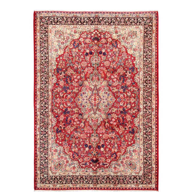 Vintage Mashad Rug With Floral Medallion Design in Red and Cream For Sale