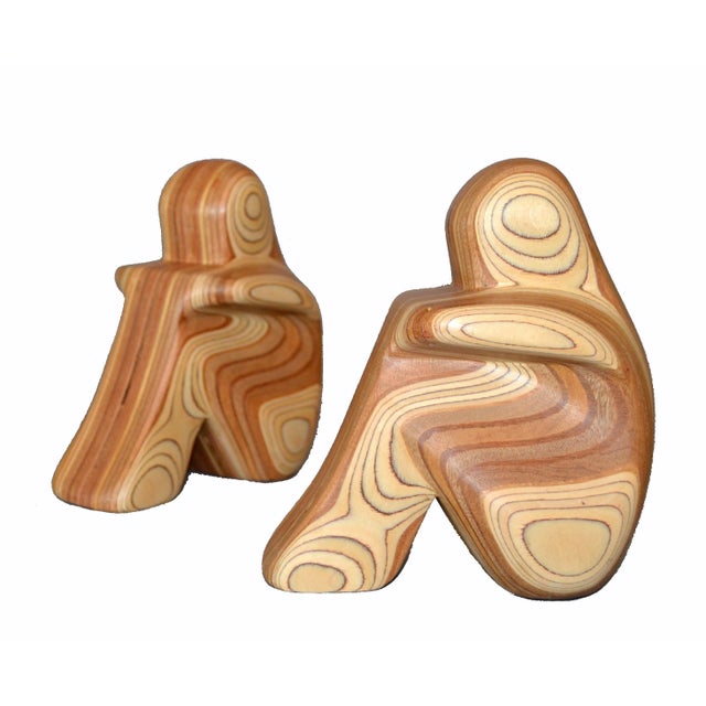Abstract 80's Hand-Crafted Zebra Wood Sitting People Bookends Signed by Artist For Sale - Image 3 of 11