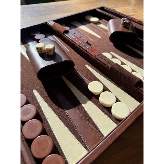 Cinnamon Vintage Backgammon Brown Leatherette Handled Case For Sale - Image 8 of 10